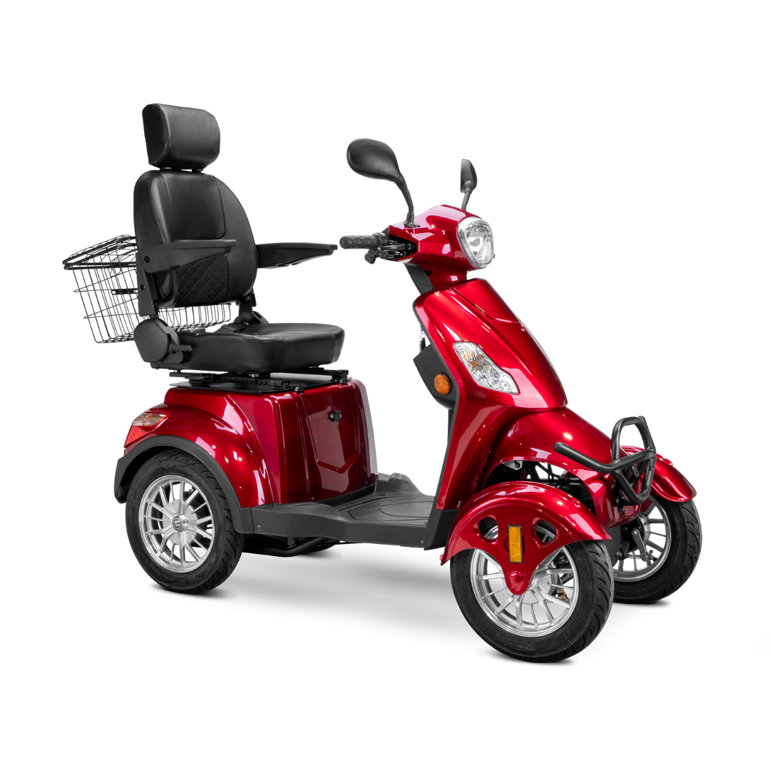 The Bespoke Prestige Recreational 4-Wheel Scooter features a red design, black cushioned adjustable seat with armrests and headrest, handlebars, and a rear metal basket.